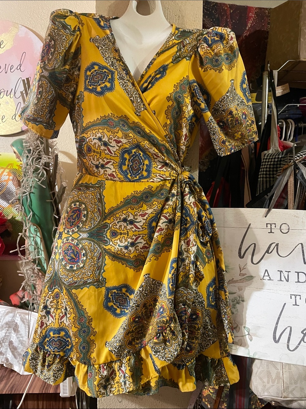 Mustard Paisley Wrap Mini Dress with Ruffle Hem